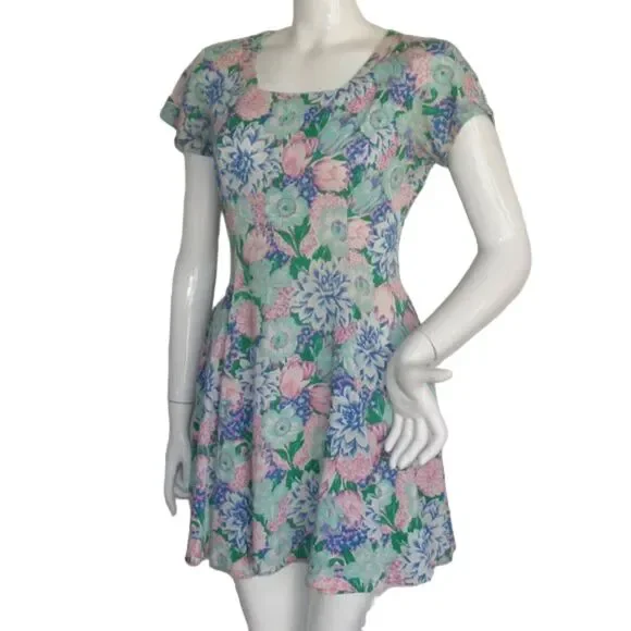 VINTAGE Skater MIni Dress, S, Multicolor Floral, Short sleeves, Square neck - Picture 4 of 13
